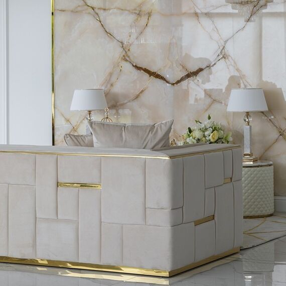 Exclusive glamor corner sofa, modern, upholstered, gold, beige, right-hand corner sofa EMPORIO OUTLET