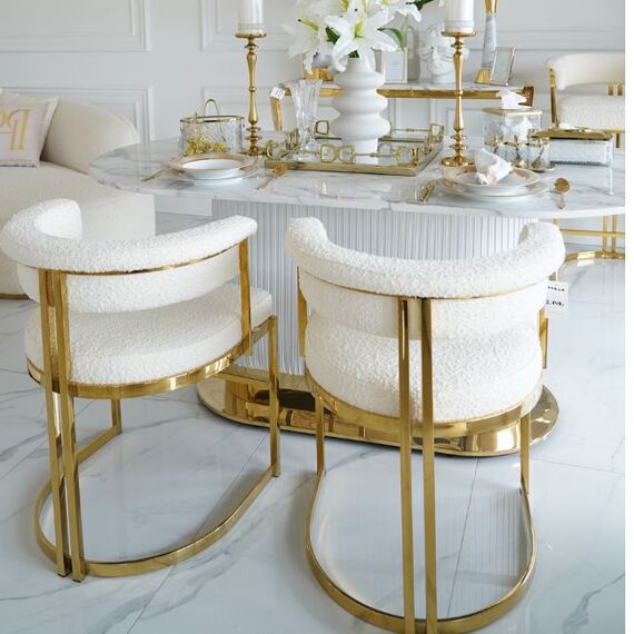 Designer glamor chair, gold, boucle, for the dining room, modern, half-round, for the dressing table, steel MARCO
