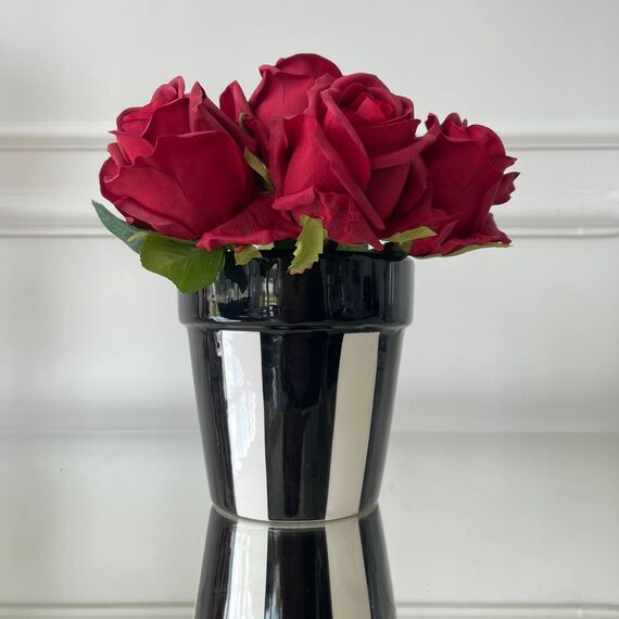 Doniczka ceramiczna czarna w białe pasy, dekoracja 13 cm