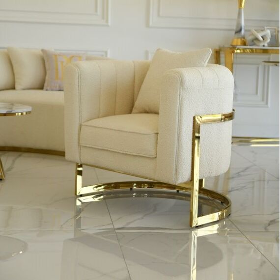 Modern, stylish, designer glamor armchair for the living room and dining room, beige and gold boucle BENT
