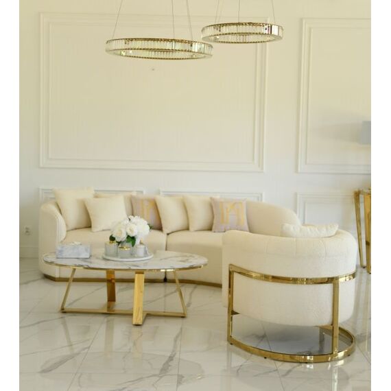 Modern, stylish, designer glamor armchair for the living room and dining room, beige and gold boucle BENT