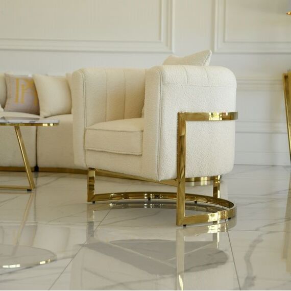 Modern, stylish, designer glamor armchair for the living room and dining room, beige and gold boucle BENT