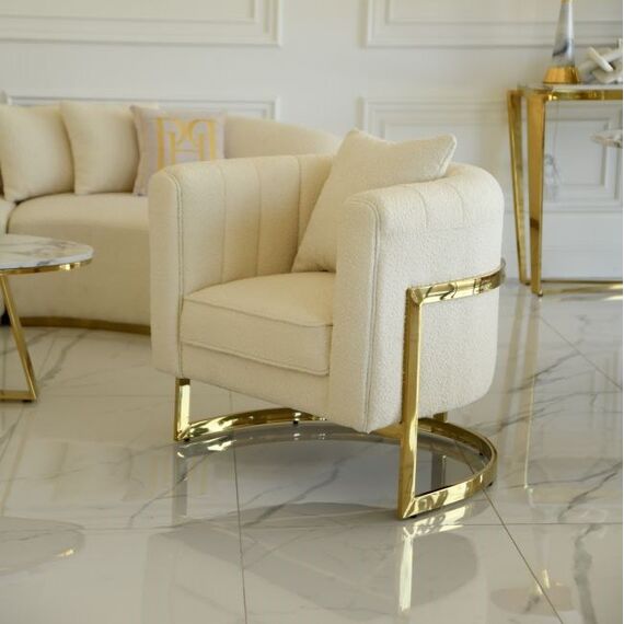 Modern, stylish, designer glamor armchair for the living room and dining room, beige and gold boucle BENT