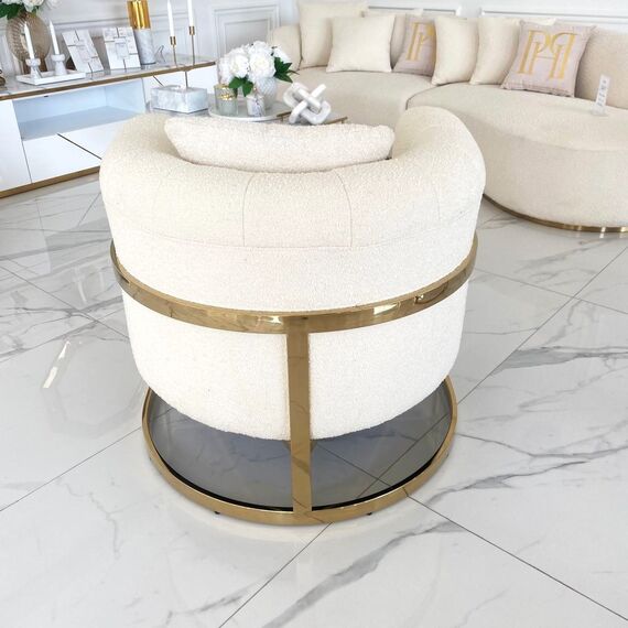 Modern, stylish, designer glamor armchair for the living room and dining room, beige and gold boucle BENT