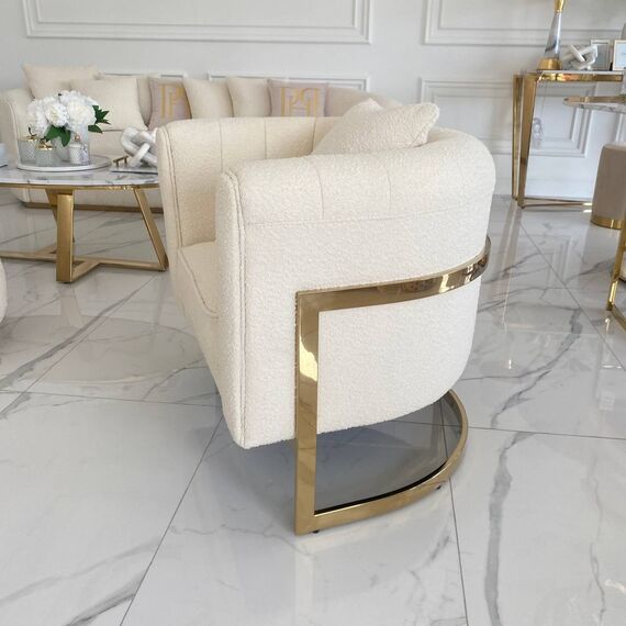 Modern, stylish, designer glamor armchair for the living room and dining room, beige and gold boucle BENT