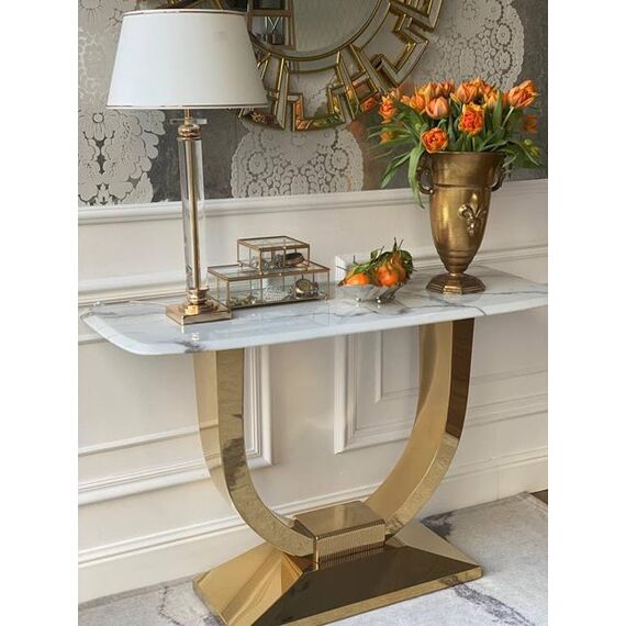 Konsola glamour w stylu nowoczesnym, z białym marmurowym blatem, złota ART DECO OUTLET