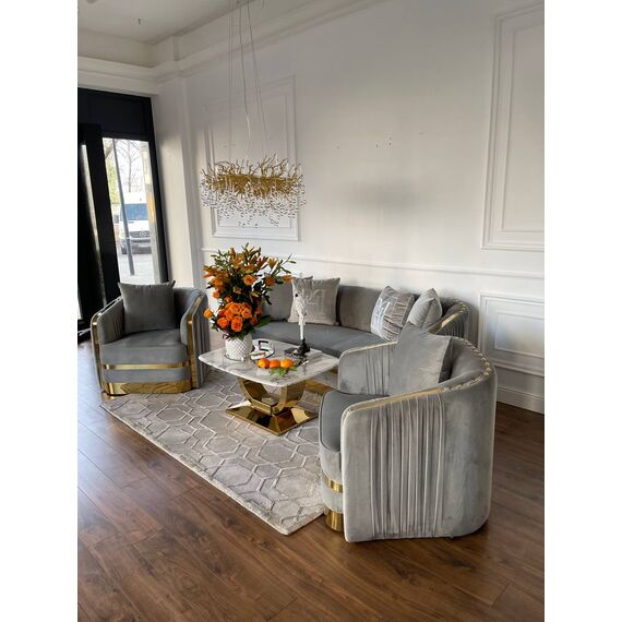 Sofa glamour luksusowa 3 osobowa do salonu, gabinetu, sypialni, nowoczesna, nowojorska, plisowana, szara, złota MADONNA