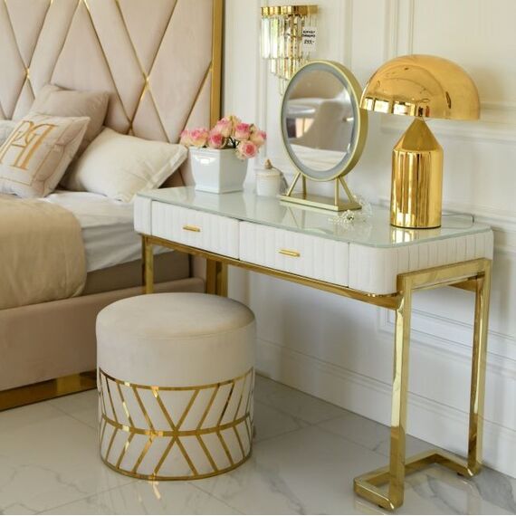 Round beige gold pouffe with DIAMOND patterns