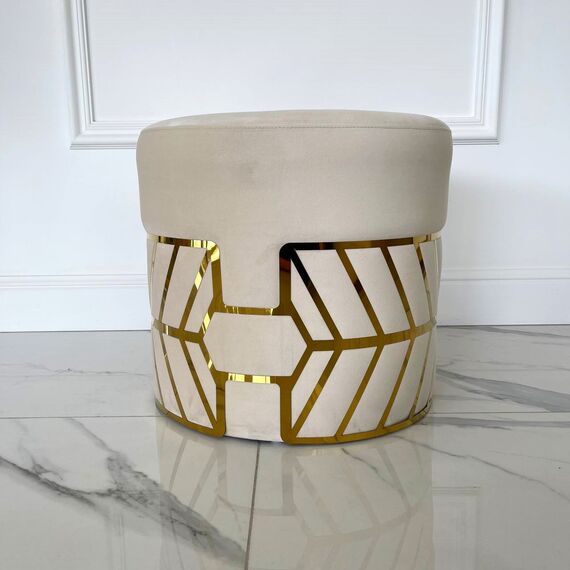 Round beige gold pouffe with DIAMOND patterns