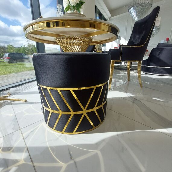 Round black and gold pouffe with DIAMOND patterns