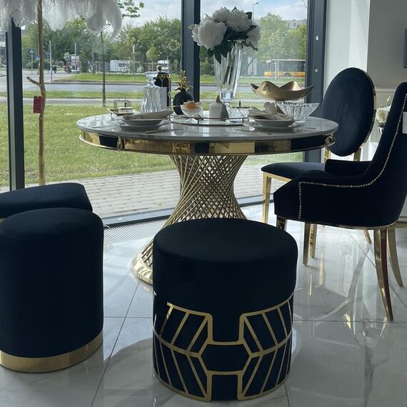 Round black and gold pouffe with DIAMOND patterns