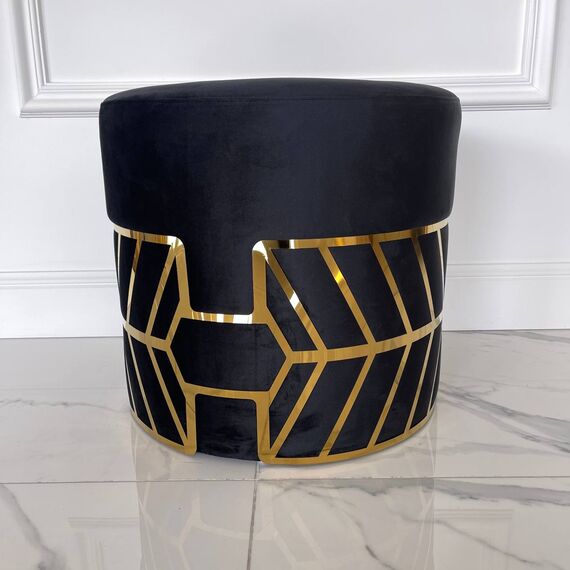 Round black and gold pouffe with DIAMOND patterns