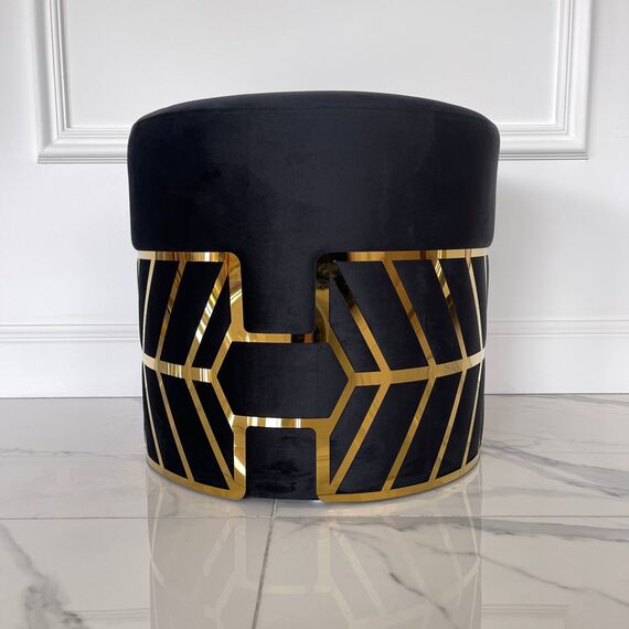 Round black and gold pouffe with DIAMOND patterns
