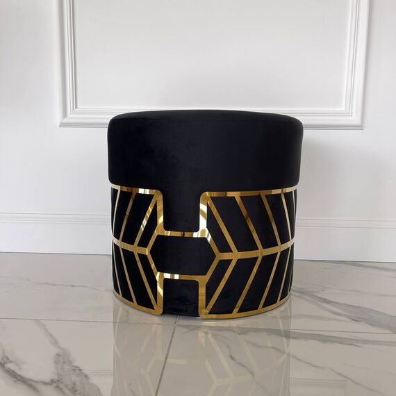 Round black and gold pouffe with DIAMOND patterns