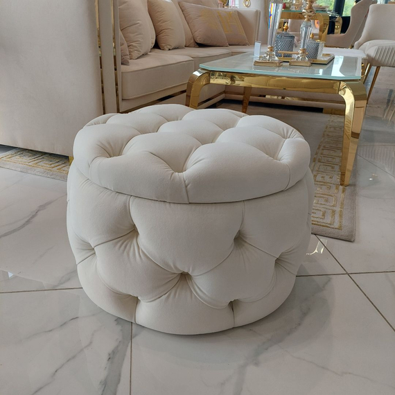Round pouffe, for the bedroom, dressing table, upholstered, quilted, Paula glamor pouf