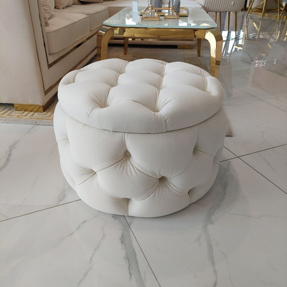 Round pouffe, for the bedroom, dressing table, upholstered, quilted, Paula glamor pouf