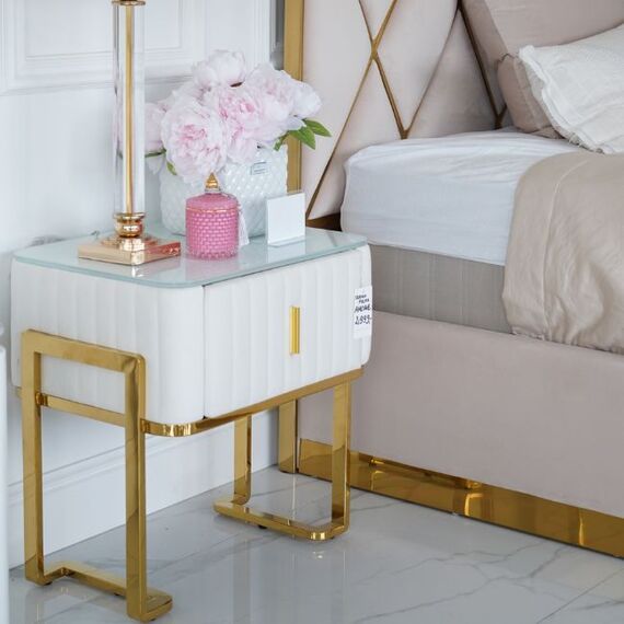 Modern glamor bedside table, beige, gold, side table with drawer AMORE
