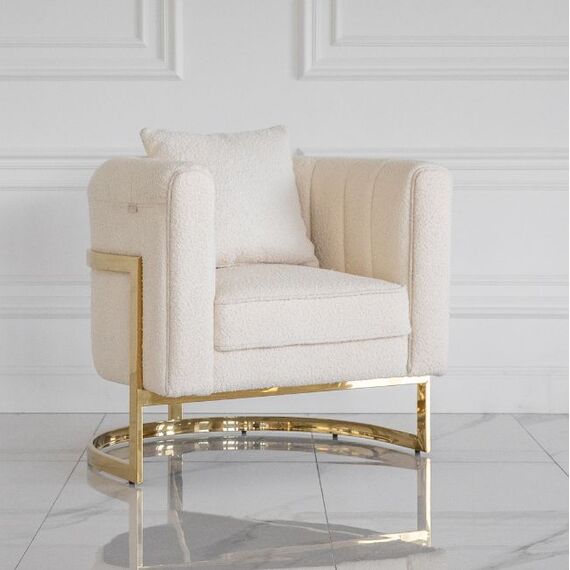 Modern, stylish, designer glamor armchair for the living room and dining room, beige and gold boucle BENT
