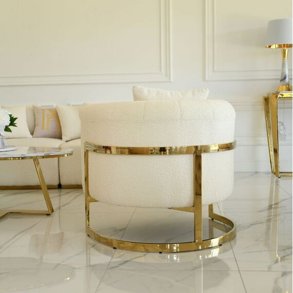 Modern, stylish, designer glamor armchair for the living room and dining room, beige and gold boucle BENT