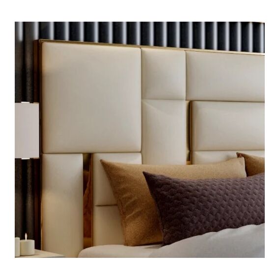 Łóżko glamour tapicerowane, nowoczesne, ze złotą listwą, beżowe 180x200cm EMPORIO