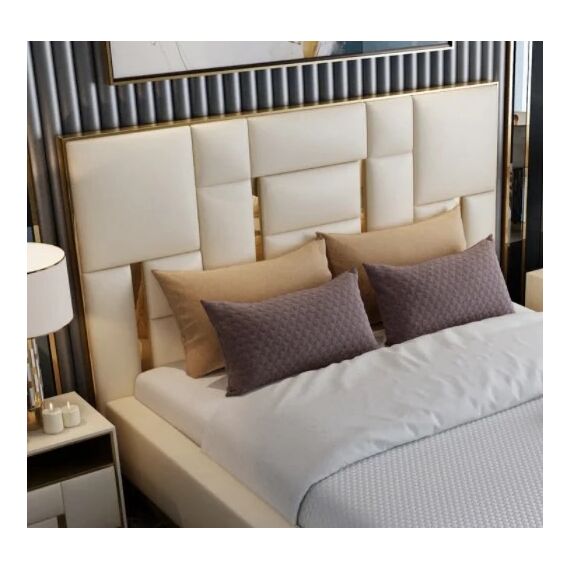 Łóżko glamour tapicerowane, nowoczesne, ze złotą listwą, beżowe 180x200cm EMPORIO