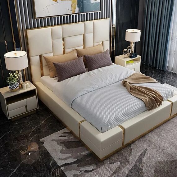 Łóżko glamour tapicerowane, nowoczesne, ze złotą listwą, beżowe 180x200cm EMPORIO