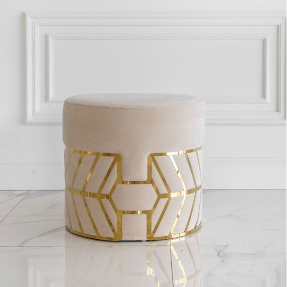 Round beige gold pouffe with DIAMOND patterns