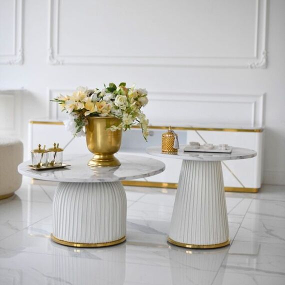 Coffee table, round, designer, glamor, for the living room, beige, gold, KENDALL table set