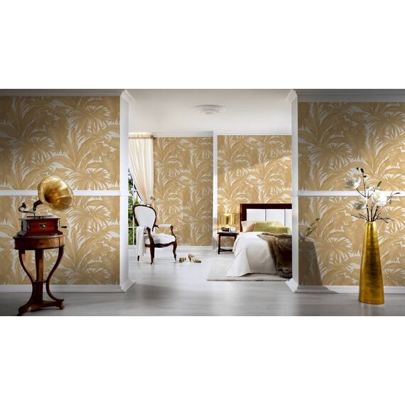 Tapeta glamour Versace V Jungle Animalier, motyw liści, beżowa, egzotyczna, liść palmy