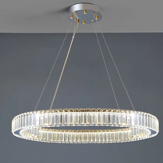 Crystal chandelier, ring, silver, modern glamor pendant lamp for the living room, adjustable ECLIPSE