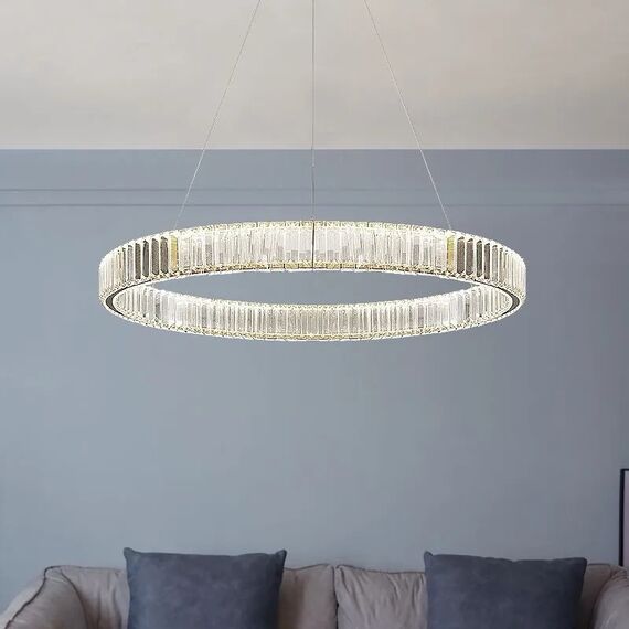 Crystal chandelier, ring, silver, modern glamor pendant lamp for the living room, adjustable ECLIPSE