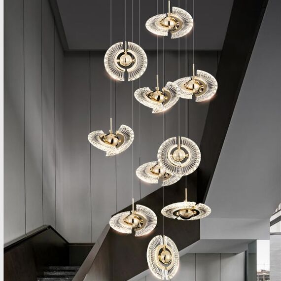 Żyrandol nowoczesny, wiszący, złoty FLOW L na antresolę, na hol, nad schody