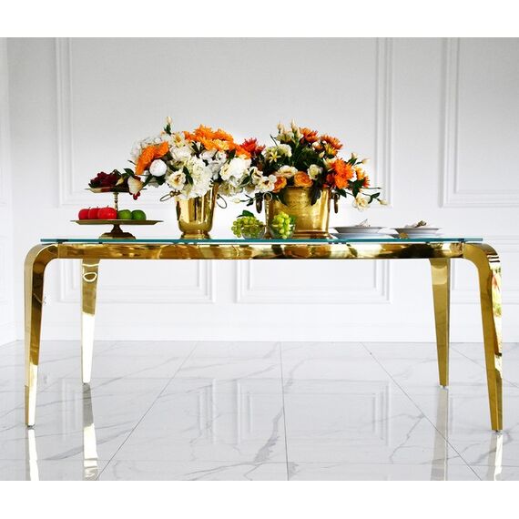 Designer dining table, glamor, with a glass top, steel, gold ELITE OUTLET