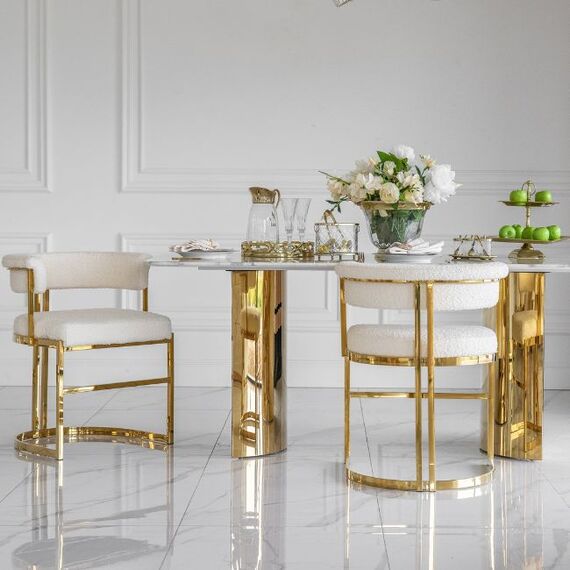 Designer glamor chair, gold, boucle, for the dining room, modern, half-round, for the dressing table, steel MARCO