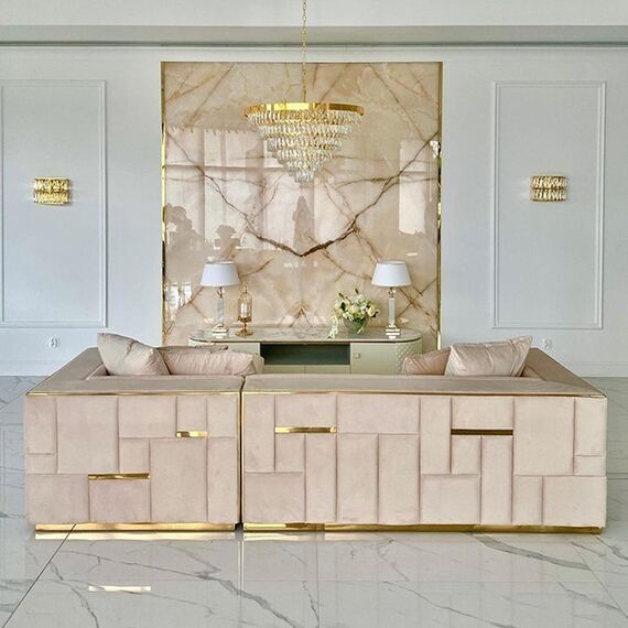 Sofa glamour ekskluzywna narożna nowoczesna, tapicerowana, złota, beżowa, narożnik lewostronny EMPORIO