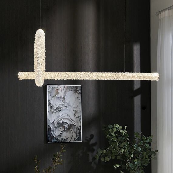 Glamorous ICE L crystal LED ceiling chandelier, elongated, modern silver