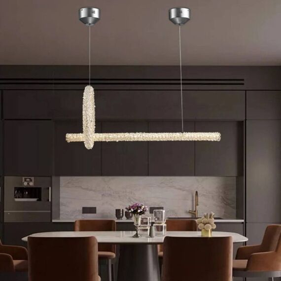 Glamorous ICE L crystal LED ceiling chandelier, elongated, modern silver