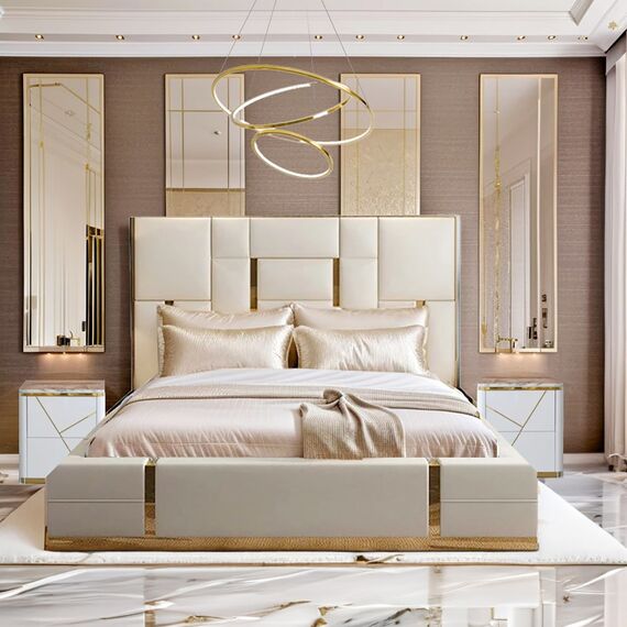 Łóżko glamour tapicerowane, nowoczesne, ze złotą listwą, beżowe 180x200cm EMPORIO