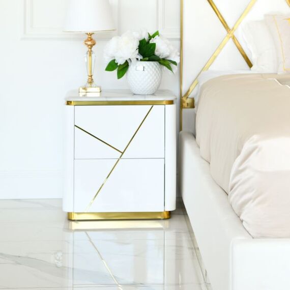 Glamor bedside table lacquered high gloss white gold for the bedroom AVENUE
