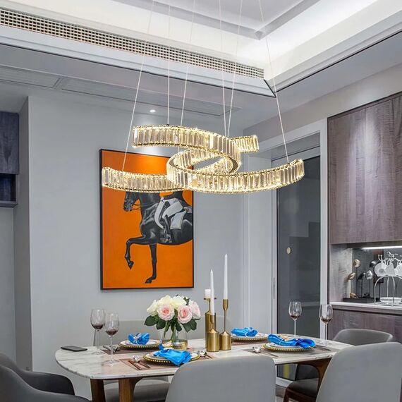 COMO crystal chandelier, rings, silver, modern glamor hanging lamp for the living room, adjustable