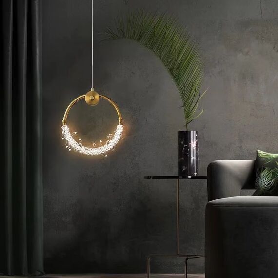 Modern chandelier MOON, glamorous pendant lamp, gold, round, designer, exclusive, single, over the island