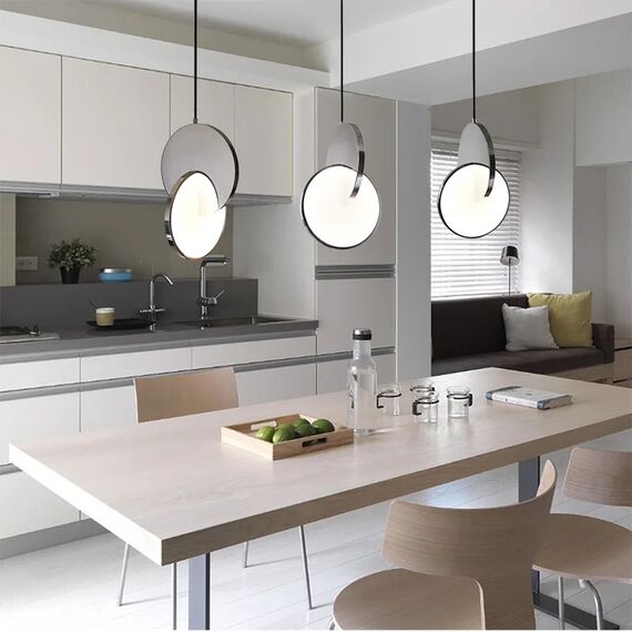 Modern chandelier PLANET, glamorous pendant lamp, silver, round, designer, exclusive, for the island