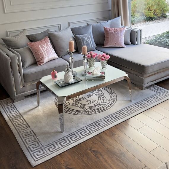 Designer carpet, with the face of a medusa, for the living room and dining room, Greek pattern, gray MEDUSA SILVER