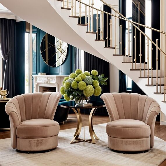 Designer Armchair, velvet, beige, gold FLOWER