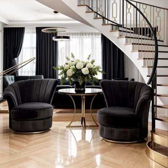 Designer Armchair, velvet, black, gold FLOWER