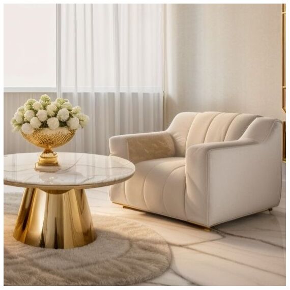 Beżowy duży nowoczesny fotel glamour ze złotymi detalami LONDON