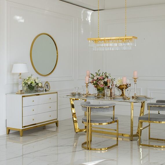 Lorenzo M Gold Glamour wooden lacquered chest of drawers with steel legs