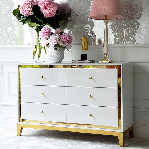 Lorenzo M Gold Glamour wooden lacquered chest of drawers with steel legs