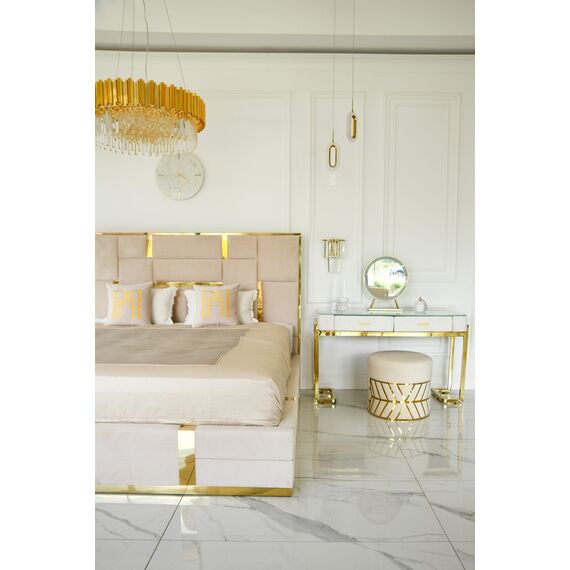 Łóżko glamour tapicerowane, nowoczesne, ze złotą listwą, beżowe 180x200cm EMPORIO