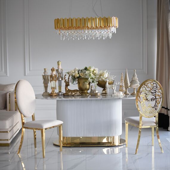 Stół złoty z marmurowym blatem, glamour do jadalni, nowoczesny, designerski ROYAL